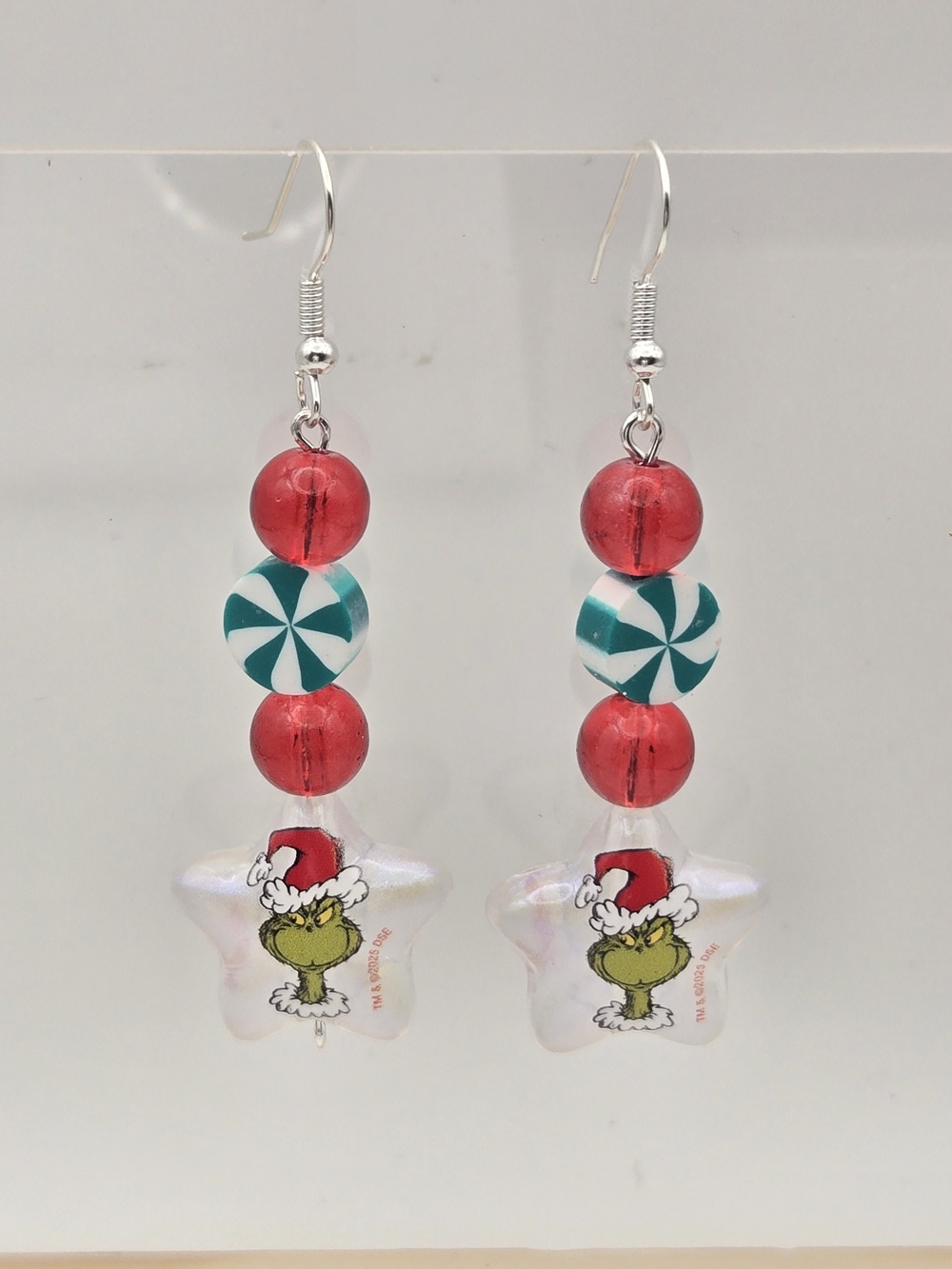 Holiday Grinch Dangle Earrings with Red and Teal Beads